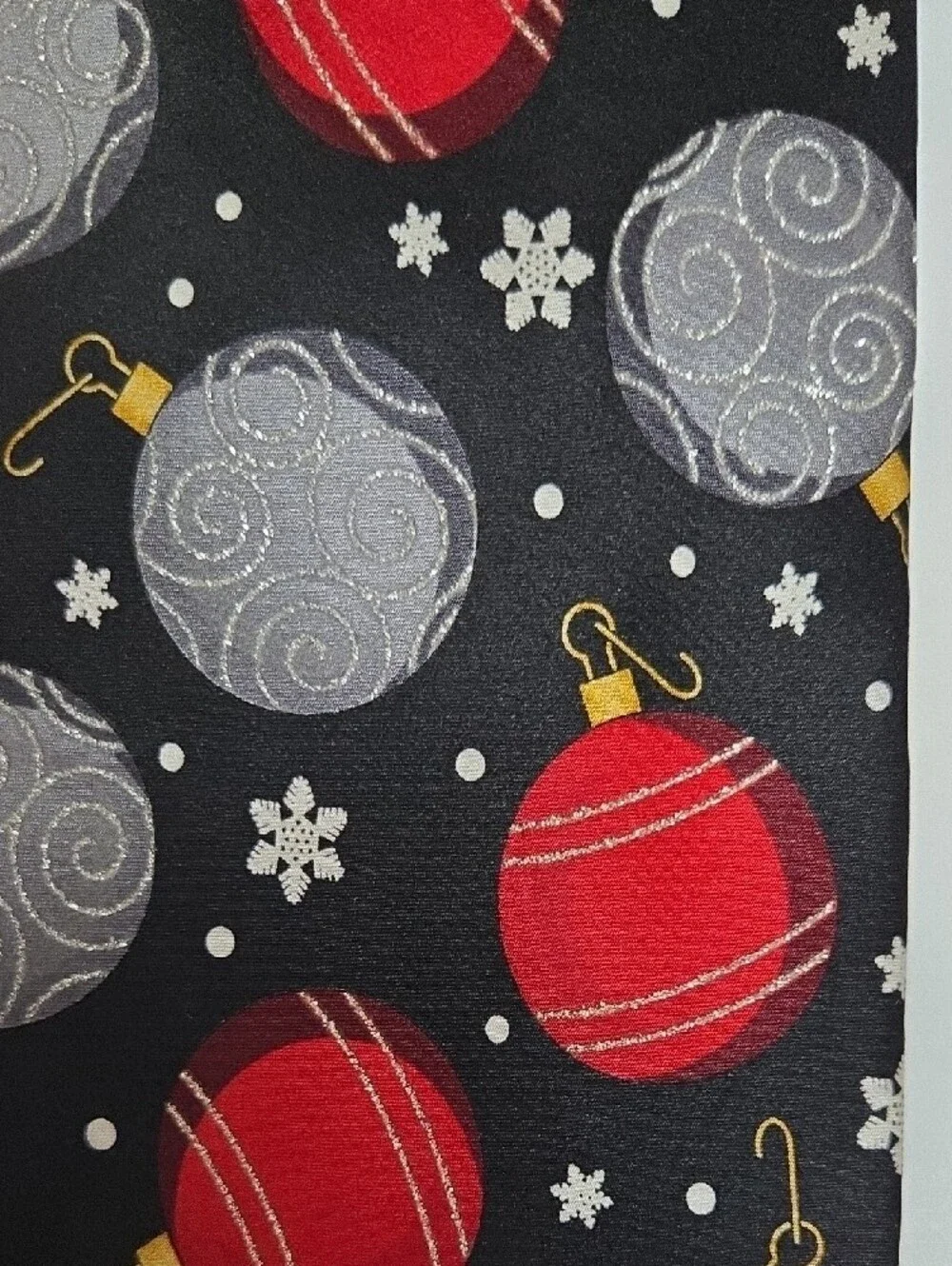 Black Holiday Tie with Red and Silver Ornament Motif